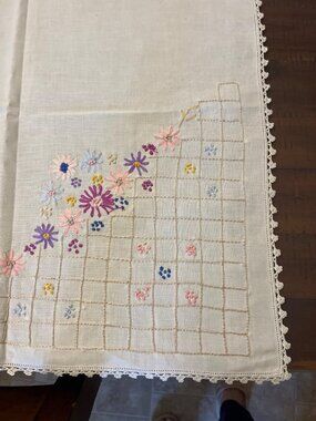 Vintage Hand Embroidered Floral Tablecloth Crochet Lace Mid Century Used